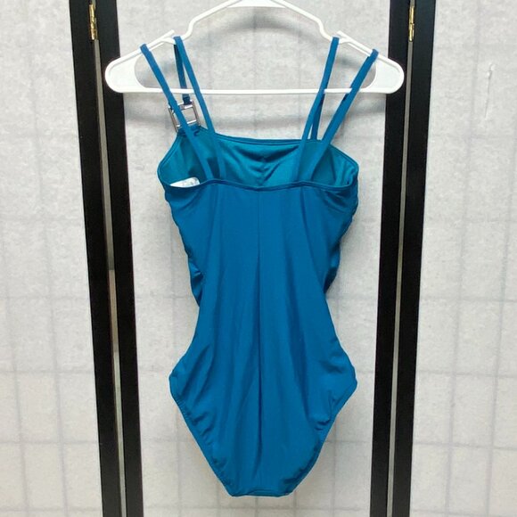 Aqua Green Double Strap High Asymmetrical Neck One Piece Swimsuit Teal NWT - Picture 2 of 12